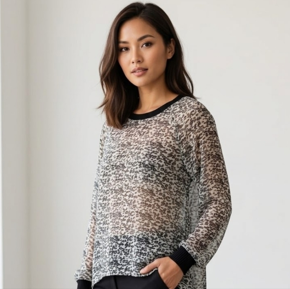 Dleione Sheer Leopard Print  Long Sleeve Top Sz M